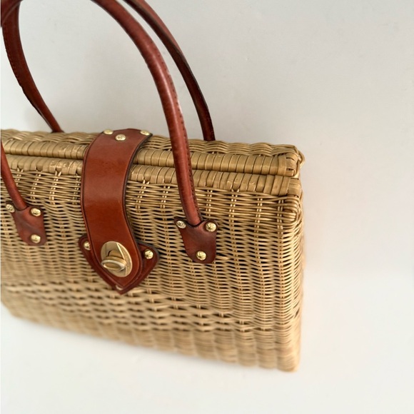Vintage Marchioness 50s Woven Basket Top Handle Purse Bag Leather Turn Lock - Picture 4 of 11